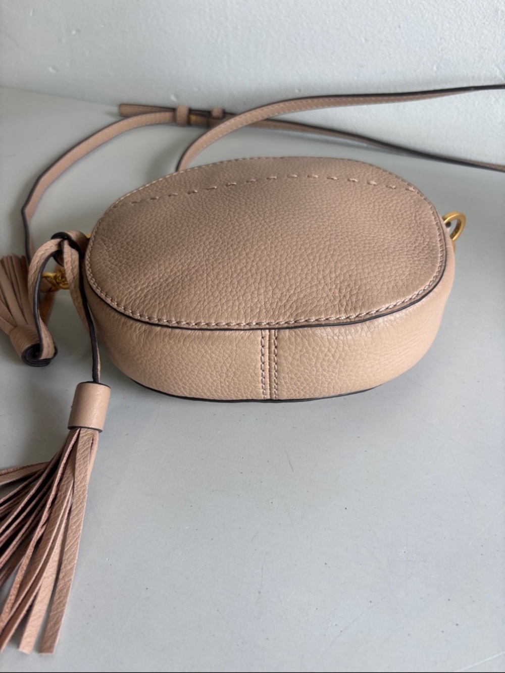 Tory Burch McGraw Blush Beige Pebbled Leather Tassel Crossbody - Picture 6 of 10